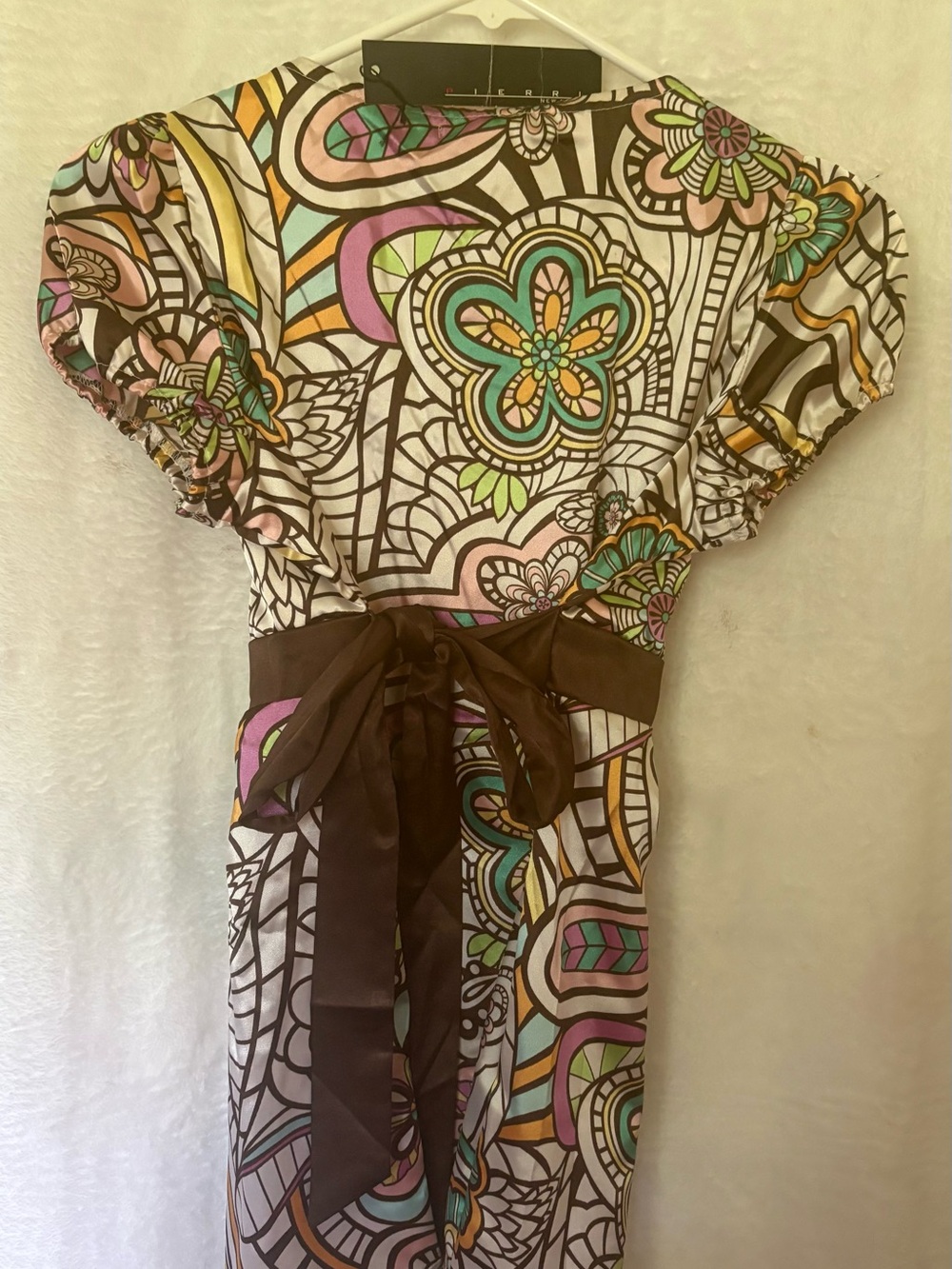 Pierri New York Brown and White Blouse Short Sleeve Tie Waist Top - Picture 2 of 3